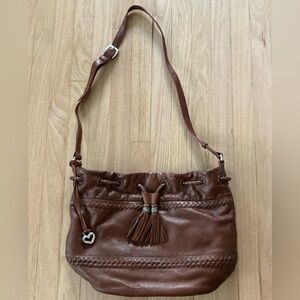 Brighton Dark Brown Leather Drawstring Bucket Bag Versatile Spacious Travel Cute